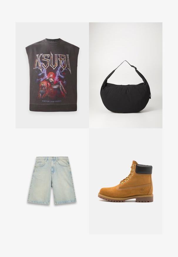 Sudadera sin mangas negra con gráfico que presenta el logo "KSUBI", una impresión vívida de una mujer con acentos de leopardo y una ilustración de leopardo debajo.; Pantalones cortos de denim azul claro con un corte holgado, cinco bolsillos, un ligero desgaste y costuras visibles. Cuenta con un cierre de botón y cremallera.; Botín de ante marrón claro con collar acolchado negro, ojales de metal dorado, detalles de costura blanca y suela de goma resistente con tacos pronunciados.; Bolso de hombro de tela negra con forma curva, que presenta una sola correa y un cierre con cremallera. Textura suave, diseño minimalista.