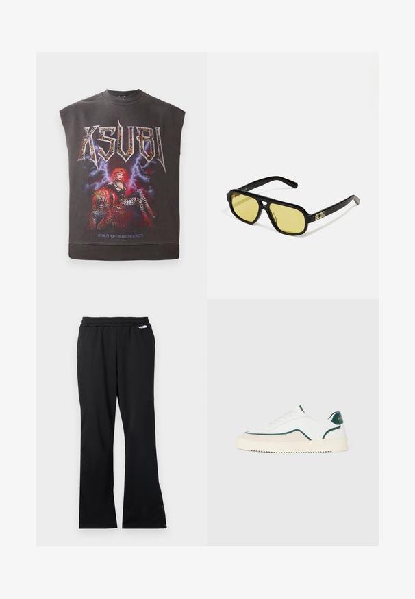 Čierny bezrukávový grafický mikinový sveter s logom "KSUBI", jasnou potlačou ženy s leopardími akcentmi a ilustráciou leoparda pod ňou.; Čierne športové nohavice s textúrovanou tkaninou, elastickým pásom a gombíkmi na členkoch na prispôsobenie veľkosti. Hladký predný diel a rovné nohavice.; Biele nízke tenisky s zeleným lemovaním, béžovými zamatovými detailami a krémovou podošvou s drsným dnom.; GCDS UNISEX - Slnečné okuliare - shiny black