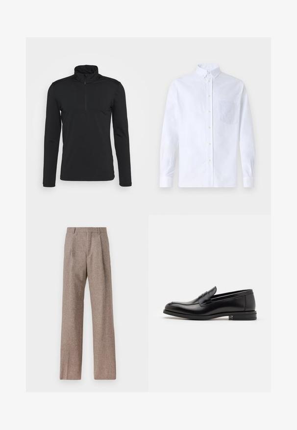 Svart långärmad tröja med hög krage och dragkedja i halsen. Slät textur, inga synliga mönster och minimalistisk design.; Vit långärmad skjorta med knappar, tillverkad av bomull, med en bröstficka med ton-i-ton broderi, krage och knappmanchetter.; Bruna, högmidjade byxor i texturerat tyg. Har vida ben och två framvikningar för struktur. Välavslutad utan synlig hårdvara.; Svarta läderloafers med en slät yta, rund tå och ett dekorativt band över främre delen. Låg staplad klack, minimalistisk design.