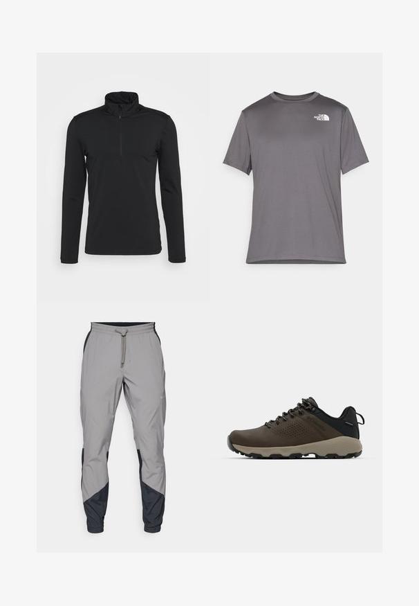 Svart langermet genser med høy krage og glidelåsåpning. Glatt tekstur, ingen synlige mønstre, og minimalistisk design.; Grå kortermet treningst-skjorte laget av glatt, lett stoff. Har en hvit logo på venstre brystområde. Rund halsdesign.; Lettvektige, grå treningsbukser med svarte detaljer. Elastisk midjebånd, snøring, tapered benedesign og sidelommer.; Brune vanntette joggesko med teksturert overdel, perforerte detaljer, svart hæl støtte og en grå gummisåle. Snøring er stilisert med metalliske ender.