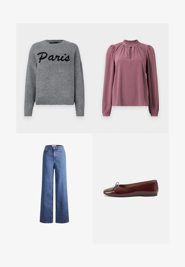 Gray knitted sweater with a ribbed hem and cuffs, featuring the embroidered text "Paris" in black across the front.; Long-sleeve mauve blouse with gathered collar, keyhole neckline with button closure, and slightly puffed shoulders.; Light blue denim wide-leg jeans with a high waist, two front pockets, and visible stitching. Features a button and zipper closure.; Burgundy patent leather ballet flat with a rounded toe, small bow accent at the front, and a low, black rubber sole. Smooth texture.