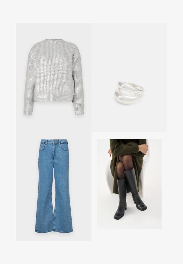 Sivi pleteni pulover s teksturiranim, rebrastim dizajnom, okruglim izrezom i dugim rukavima. Tkanina ima sjajnu, reflektirajuću završnu obradu.; Svijetloplave traperice s flared nogavicama, visokog struka, s pet džepova i jednim dugmetom za zatvaranje. Mekani materijal s izblijedjelim izgledom.; Čizme od crne kože do koljena sa četvrtastim vrhom i blok petom, prikazane s manekenkom koja sjedi u maslinasto zelenom kaputu. Glatka tekstura, minimalni detalji.; Srebrna dvostruka prsten s glatkom, poliranom površinom. Karakterizira ga fluidan, zakrivljen dizajn s preklapajućim sekcijama za moderan izgled.
