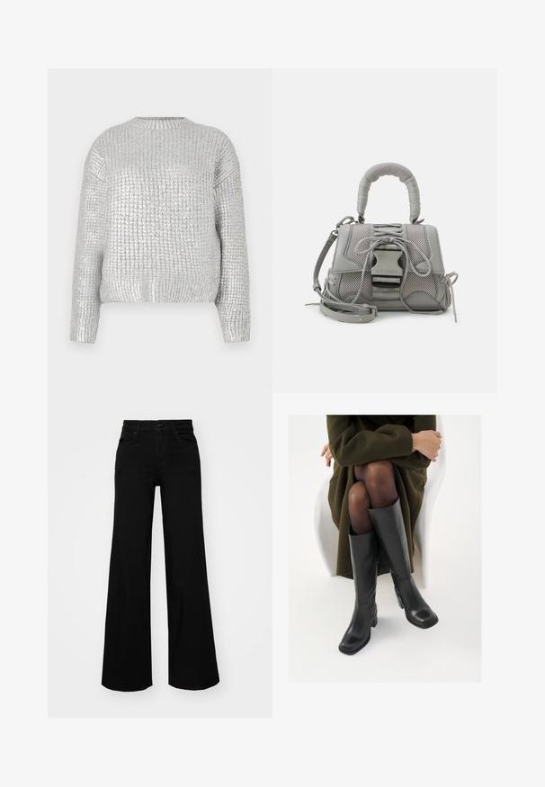 Sølvstrikket genser med en strukturert, ribbet design, rund hals og lange ermer. Stoffet har en blank, reflekterende finish.; Svart vide bukser laget av denim, med en strukturert midjebånd, beltestropper og frontlommer. Glatt tekstur med et klassisk design.; Knæhøye sorte lærstøvler med firkantet tå og blokkhelt, vist med en modell som sitter iført en olivengrønn kåpe. Glatt tekstur, minimal detaljering.; Grå teksturert håndveske med polstret håndtak, nettingdetaljer, justerbar stropp og en frontlås. Kompakt design med rund form.