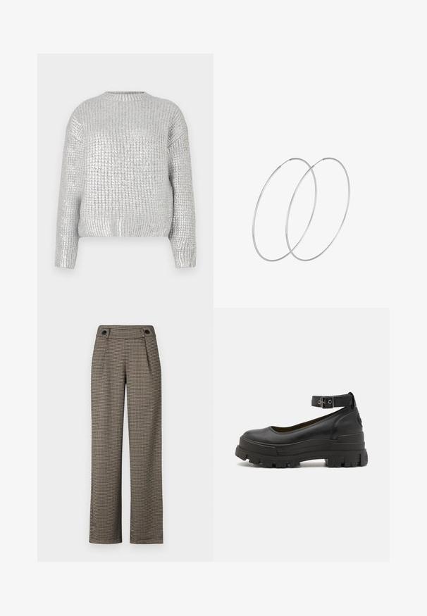 Srebrna pletena jopica z teksturiranim, rebrastim dizajnom, okroglo izrezom in dolgimi rokavi. Tkanina ima sijoč, odbojen videz.; Rjavi hlače s karo vzorcem in visokim pasom, z bočnimi naborki in črnimi gumbi. Narejene so iz teksturirane tkanine.; Buffalo ASPHA - Čevlji s platformo in peto - black; Srebrne uhane v obliki obroča z minimalističnim dizajnom. Krožna oblika, gladka tekstura in tanek profil. Lahki s poliranim zaključkom.
