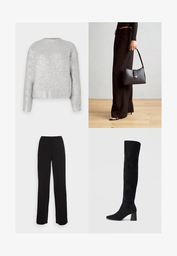 Sudraba adīta džempera ar strukturētu, ribotu dizainu, apaļu kakla izgriezumu un garām piedurknēm. Audums ir ar spīdīgu, atstarojošu virsmu.; Melnas bikses ar taisna kāju dizainu, gludu tekstūru un pieguļošu jostu. Iekļauj priekšējās kabatas un minimālu šuvju detalizāciju.; Melna zamšāda līdz ceļiem, ar blokveida papēdi, norādītu purngalu un gludu, bezšuvju dizainu uz vienkārša gaiša fona.; Melnā somiņa ar strukturētu formu, gludu tekstūru un metālu sprādzi. Saskaņota ar platām melnām biksēm un sandālēm ar atvērtu purngalu uz koka grīdas.