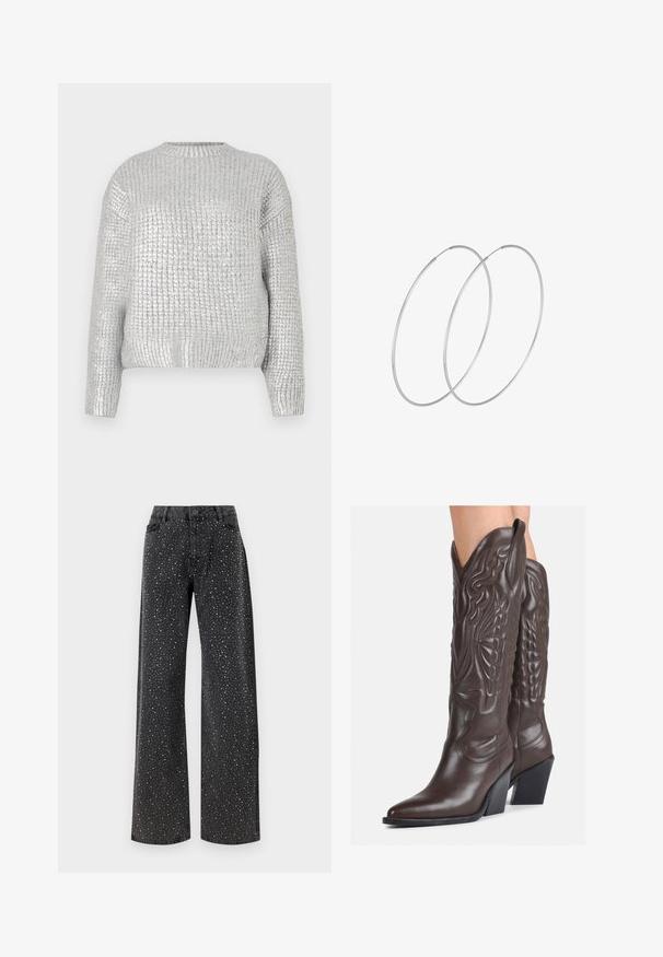 Hõbedane kootud kampsun tekstuuriga ribide disainiga, ümmargune kaelus ja pikad varrukad. Kangas on läikiv ja peegeldav.; Noisy May NMJANNEL LOOSE - Avar lõikega teksad - black denim; Pruunid nahast cowboy saapad terava varbaga ja plokk-kandaga, millel on detailne tikand ja kergelt tõstetud aktsendid varrel.; Hõbedased rõngastikkaehingad minimalistlikus disainis. Ümar kuju, sile tekstuur ja õhuke profiil. Kerged ning poleeritud viimistlusega.