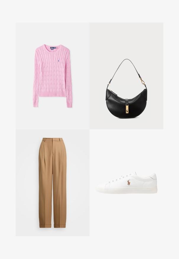 Ljusrosa kabelstickad tröja med rund halsringning, ribbade ärmslut och nederkant. Innehåller en liten broderad logotyp på bröstet.; Ljusblå skjorta med lång ärm och vit kontrasterande krage. Har en slät textur och fem framknappar.; Beiga skräddarsydda byxor med hög midja, veckad front, avsmalnande ben och uppvikta fållar. Slät tyngd med en förfinad textur.; Vita lädersneakers, låg design, med en slät yta, rund tå, snörning fram och en liten broderad logotyp på sidan.; Svart läderhandväska i halvmåneform. Har en accent av guldhardware och en smal rem. Slät yta, blixtlåslås upptill.