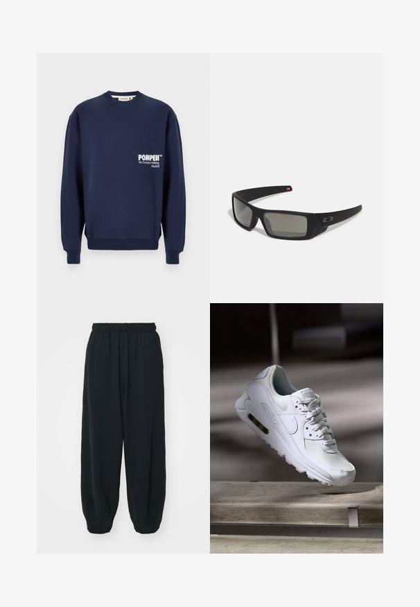 Mornarji modra trenerka iz mehkega bombaža, z okroglim ovratnikom, rebrastimi manšetami in sprednjim žepom z belim tiskanim besedilom.; Črne, elastične hlače za prosti čas z ohlapnim krojem, manšetami na gležnjih, gladko teksturo in brez vidnih vzorcev ali dodatkov.; Bela Nike Air Max 90 športna obutev z mrežastim in usnjenim zgornjim delom, perforiranim prstnim delom in vidno zračno enoto v peti.; Crne sončne naočale s mat površinom, pravokutne leće, blagi luk na sljepilima, diskretna oznaka i leće sa dimnim nijansama.