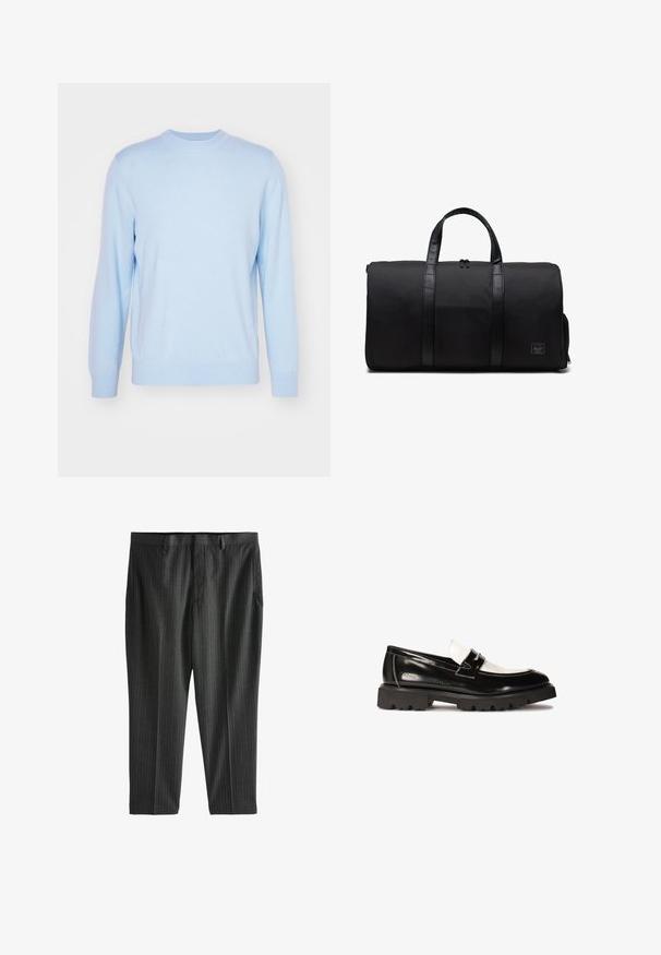Hellblauer Rundhals-Pullover aus weichem Strickmaterial. Verfügt über lange Ärmel sowie gerippte Bündchen und Saum. Glatte Textur mit einfarbigem Design.; Weißes Baumwoll-T-Shirt mit Rundhalsausschnitt, kurzen Ärmeln und lockerer Passform. Hat ein schlichtes Design ohne Muster oder Akzente.; Next STRIPE-REGULAR FIT - Chino - charcoal grey; Schwarze Lackleder Slipper mit einem weißen Lederakzent, dicker Gummisohle mit schwarzem Profil und gesteppten Details. Glatte Textur mit glänzendem Finish.; Schwarze Reisetasche aus strapazierfähigem Stoff mit glatten Ledergriffen, zylindrischer Form, sichtbarem Reißverschluss und einem kleinen Markenschild auf der Vorderseite.