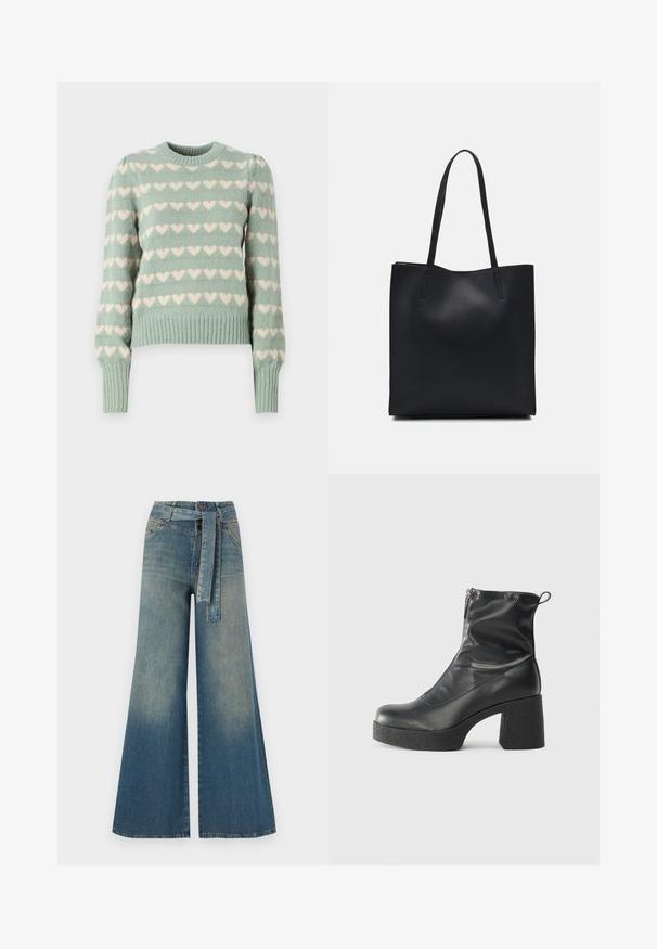 Mint green knitted sweater with white heart patterns, ribbed cuffs and hem, round neckline, and slightly puffed sleeves.; Wide-leg denim trousers featuring a light to dark blue gradient, high waist, belt loops, and a matching fabric belt. Textured denim finish.; Black ankle boots made of smooth leather, featuring a side zipper, chunky textured heel, and rounded toe design.; Black leather tote bag with smooth texture, rectangular shape, and two long handles. No visible hardware or embellishments.