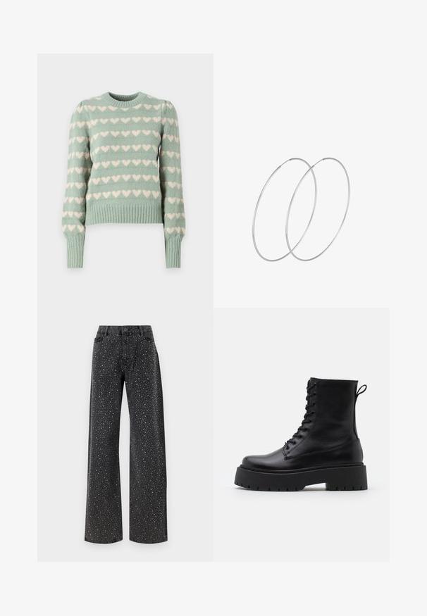 Světle zelený pletený svetr se bílými vzory srdcí, žebrovanými manžetami a lemem, kulatým výstřihem a mírně vycpanými rukávy.; Noisy May NMJANNEL LOOSE - Džíny Relaxed Fit - black denim; Černé kožené kotníkové boty s kulatou špičkou, šněrováním na přední straně a silnou gumovou podešví s texturovaným vzorkem. S poutkem vzadu.; Stříbrné kruhové náušnice s minimalistickým designem. Kruh, hladký povrch a tenký profil. Lehká konstrukce s lesklým povrchem.