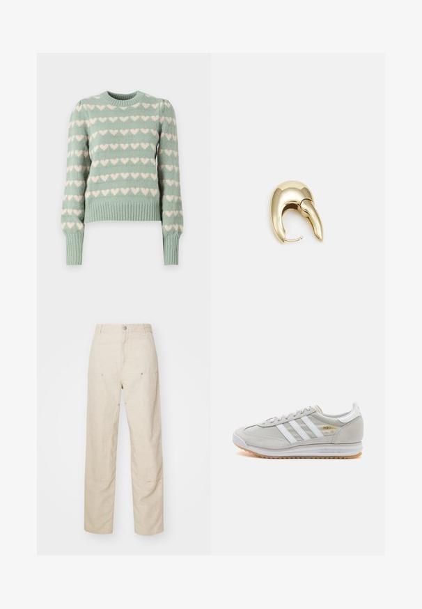 Mintgrüner Strickpullover mit weißen Herzmustern, gerippten Bündchen und Saum, Rundhalsausschnitt und leicht puffierten Ärmeln.; Beige Leinenhosen mit einer lässigen Passform, seitlichen Taschen und dekorativen Nähdetails, nahtlosem Bund und geraden Beinen.; Hellgraue Sneaker aus Wildleder und Mesh, mit drei weißen Streifen, runder Zehenpartie und einer Sohle aus Gummi. Goldenes Logo-Detail nahe der Schnürsenkel.; Ohrringe aus goldfarbenem Metall mit einem schlanken, geschwungenen Design. Sie verfügen über eine markante, spitze Form, eine polierte Oberfläche und einen Scharnierverschluss.