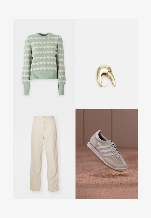 Mintgrüner Strickpullover mit weißen Herzmustern, gerippten Bündchen und Saum, Rundhalsausschnitt und leicht puffierten Ärmeln.; Beige Leinenhosen mit einer lässigen Passform, seitlichen Taschen und dekorativen Nähdetails, nahtlosem Bund und geraden Beinen.; Beige Sneaker mit Obermaterial aus Wildleder und Mesh, weißen drei Streifen, brauner Gummisohle, blauen Schnürsenkeln und goldenem Akzentlogo. Klassisches Retro-Design.; Ohrringe aus goldfarbenem Metall mit einem schlanken, geschwungenen Design. Sie verfügen über eine markante, spitze Form, eine polierte Oberfläche und einen Scharnierverschluss.