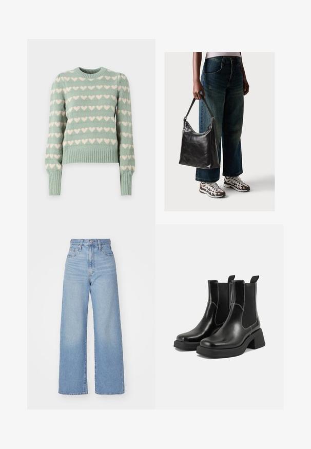 Suéter tricotado em verde menta com padrões de corações brancos, punhos e barra canelados, decote redondo e mangas ligeiramente bufantes.; Jean de perna larga azul claro feito de denim. Possui cintura alta, design de cinco bolsos e fechamento por botão. Corte reto com barra limpa.; Botas Chelsea em couro preto com um salto grosso, painéis laterais elásticos e costura branca em contraste. Acabamento texturizado.; Bolsa de ombro em couro preto com textura suave e alça ajustável, combinada com jeans de perna larga desbotados e ténis desportivos.