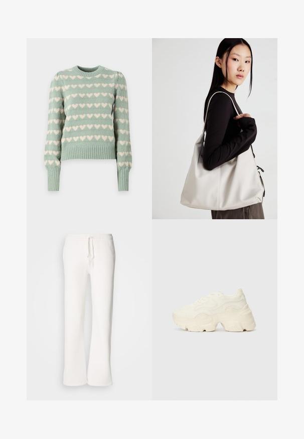 Suéter tricotado em verde menta com padrões de corações brancos, punhos e barra canelados, decote redondo e mangas ligeiramente bufantes.; Calças de fato brancas, de corte descontraído, feitas de um tecido macio, com um cós elástico e um cordão de ajuste, apresentando um design de pernas retas.; Sapatilhas brancas chunky feitas de malha texturizada e materiais sintéticos, apresentando uma sola espessa e detalhes de padrão intrincados ao longo dos lados.; Uma bolsa bege feita de material macio, com um design descontraído, detalhes de costura e duas alças para o ombro. Adequada para uso diário.