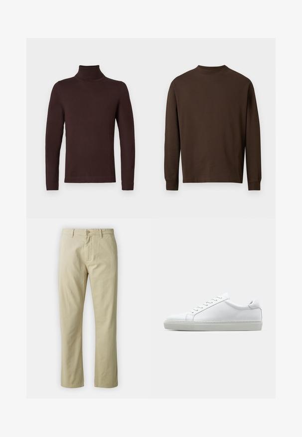 Dark brown long-sleeve turtleneck sweater with a slim fit, displayed on a plain white background.; Brown long-sleeve shirt made of soft fabric, featuring a crew neckline and straight cut with no visible patterns or hardware.; Beige cotton trousers with a straight-leg design, front button closure, and belt loops. Smooth texture, no visible patterns or accents.; White sneaker with a smooth leather upper and a low profile. Features a rounded toe, six eyelets, and a textured rubber sole.