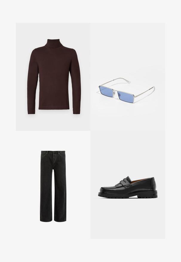 Pull en col roulé à manches longues de couleur brun foncé, avec une coupe ajustée, présenté sur un fond blanc uni.; Jean en denim noir à jambes larges avec taille haute, présentant un design classique à cinq poches et un léger délavage pour un aspect texturé.; Des mocassins en cuir noir présentent une couture surélevée, deux sangles décoratives sur le dessus et une semelle épaisse et texturée pour une meilleure adhérence.; Lunettes de soleil en métal avec une forme rectangulaire, verres teintés en bleu et monture en argent. Comprend des coussinets de nez et des branches fines et droites.