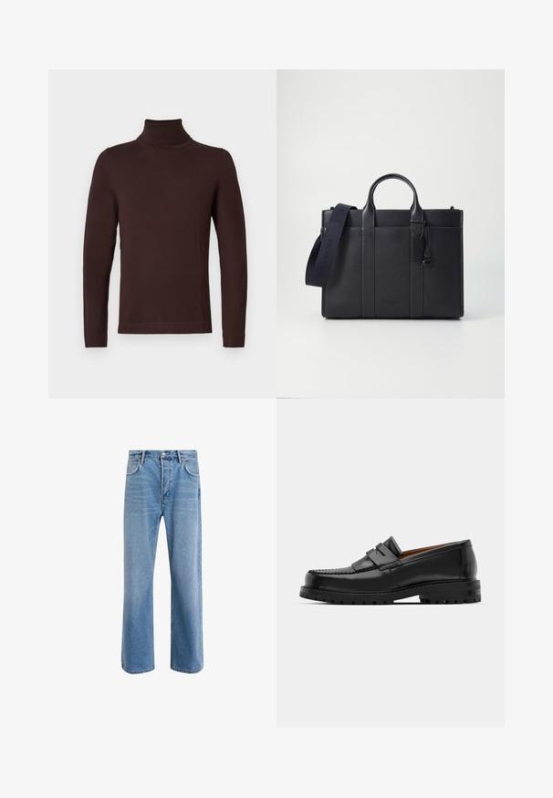 Suéter de malha castanho escuro de manga longa e gola alta com um corte justo, exibido sobre um fundo branco liso.; Calças de ganga azul claro com um design de perna reta, cinco bolsos, fecho de botão, desgaste mínimo e detalhes de costura em contraste.; Os mocassins de couro preto apresentam uma costura elevada, duas tiras decorativas na parte superior e uma sola grossa e texturizada para maior aderência.; Pasta de couro azul-marinho escura com alças superiores duplas e uma alça destacável. Apresenta um acabamento texturizado, costura vertical e detalhe do logotipo.