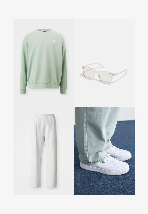 Nike Sportswear CLUB FLEECE - Sweatshirt - jade horizon; White casual pants with an elastic waistband and large front patch pockets, displayed on a plain light background.; White leather sneakers with green Nike logo, round toe, flat sole, paired with light blue denim pants, shown on a blue carpet.; Round sunglasses with a transparent frame, light green lenses, and thin, clear temples. Features subtle hardware accents on the frame.