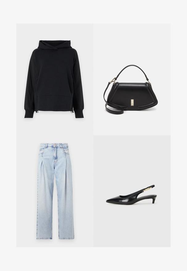 BOSS ELAPSE - Hoodie - black; Lichtblauwe denim jeans met een hoge taille, wijde pijpen, twee zijzakken en geplooid ontwerp. Zachte textuur met een vervaagd uiterlijk.; Zwarte leren slingback hakken met een spitse neus, voorzien van een slanke hak en een goudkleurige accent op de verstelbare band. Gladde textuur.; Zwarte leren handtas met een gestructureerd ontwerp, featuring een verkorte vorm, bovenhandvat en gouden hardwareaccent. Inclusief verstelbare schouderband.