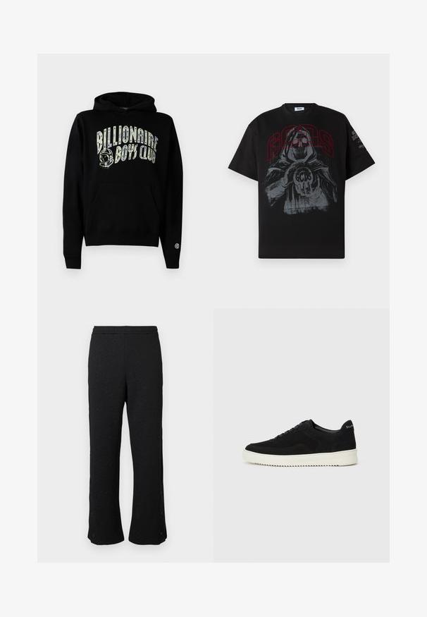 Sweatshirt preto com capuz featuring o gráfico "Billionaire Boys Club" em branco com detalhe de astronauta, bolso canguru e punhos canelados.; T-shirt de algodão preto com uma grande estampa gráfica de uma figura encapuzada segurando uma bola com "GCDS" em vermelho, mangas curtas e decote redondo.; Calças pretas com um tecido texturizado apresentando um padrão repetido. Design de perna larga, com botões ao longo da costura lateral perto da bainha.; Sapatilhas de camurça pretas com design de atacadores e sola de borracha branca em contraste. Apresenta painéis laterais texturizados e uma marcação discreta no calcanhar.
