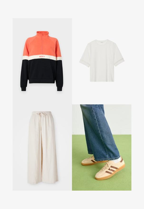 Felpa con zip in corallo, bianco e blu navy. Presenta polsini a costine, maniche raglan e il logo Roxy sul petto. Tessuto morbido.; T-shirt bianco a maniche corte in cotone, con bordi in pizzo decorativi lungo le maniche e scollo rotondo.; Pantaloni a gamba larga di colore crema con vita elastica e cordoncino. Tessuto in lino morbido e leggero, senza motivi visibili o accessori metallici.; Sneakers beige con pannelli texturizzati crema e strisce marroni, abbinati a jeans in denim blu. I jeans hanno un taglio largo e orlo sfilacciato.