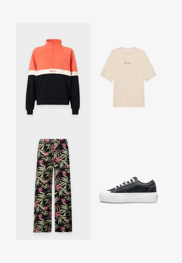 Zippered pullover sweatshirt in coral, white, and navy. Features ribbed cuffs, raglan sleeves, and Roxy logo across the chest. Soft fabric.; Beige cotton t-shirt with a relaxed fit, featuring short sleeves and a rounded neckline. "Positive Sincere" printed in black on the front.; Wide-leg trousers in a black fabric featuring a floral pattern with pink orchids and green leaves. Smooth texture with a relaxed fit.; Black leather sneaker with a textured finish, white rubber sole, and classic lace-up design. Features white stitching and branded heel accent.