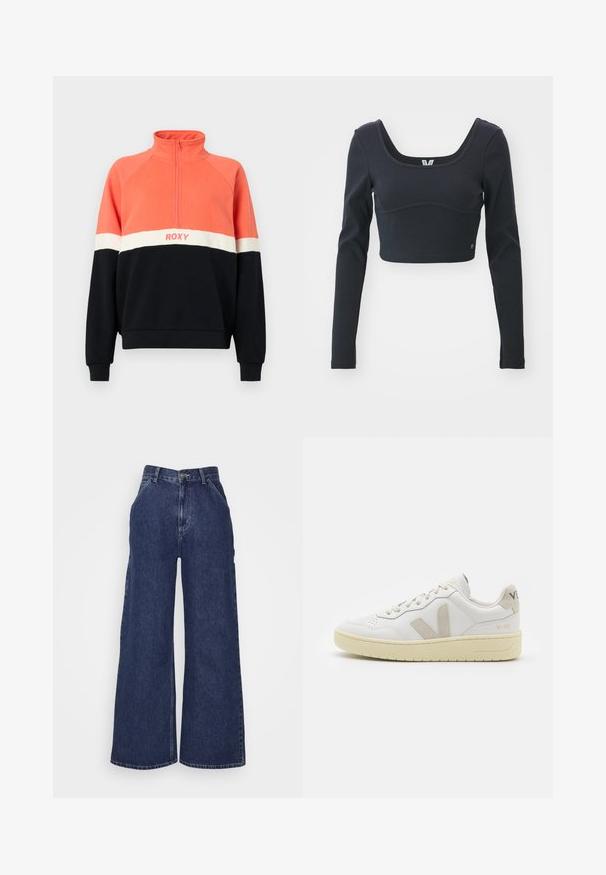 Zateplené mikina na zip v korálové, bílé a námořnické modři. Obsahuje žebrované manžety, raglánové rukávy a logo Roxy na hrudníku. Měkká látka.; Černý dlouhý rukáv cropped top s žebrovanou strukturou, širokým výstřihem a přiléhavým siluetou, s jemným akcentem loga značky.; Široké denimové džíny v tmavě modré barvě, s vysokým pasem, předními kapsami a zipem s kovovým knoflíkem. Hladká textura a klasický design.; Bílé kožené tenisky s béžovými semišovými akcenty, perforovanou špičkou, plochými tkaničkami a strukturovanou krémovou podešví. Obsahují jemné logo na patě.