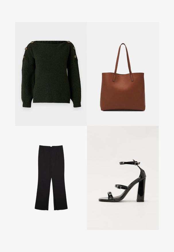 Maglione lavorato a maglia verde scuro con scollatura a spalle scoperte e maniche lunghe, caratterizzato da bottoni decorativi sulle spalle.; Pantaloni neri a gamba dritta, con tasche frontali e spacchi laterali all'orlo. Realizzati in tessuto morbido e liscio. Adatti a diverse occasioni.; Sandali con tacco in vernice nera, con punta squadrata, cinturini alla caviglia e fibbie in argento. Presentano un tacco a blocco spesso per maggiore stabilità.; Borsa tote in pelle marrone con texture liscia, design con apertura superiore e due spallacci. Presenta cuciture minime e nessun hardware visibile.