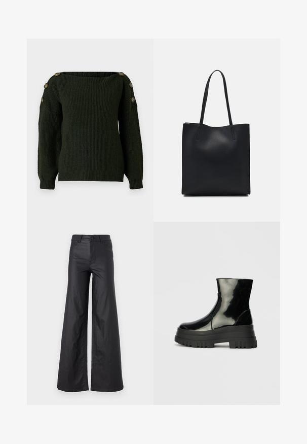 Temnozeleno pleteno pulover s odkrito ramensko izrezom in dolgimi rokavi, ki ima okrasne gumbe na ramenih.; Črne, širokoglede hlače iz umetnega usnja. Imajo visok pas, zanke za pas, dva sprednja žepa in šivano detajliranje.; Črne sijajne gležnjarje z debelim profilom podplata in zaobljenim nosom, stranski pogled na enostavni svetlo sivi ozadju.; Črna usnjena torba s svilnato teksturo, pravokotne oblike in dvema dolgima ročajema. Brez vidnih metalnih delov ali okrasnih elementov.