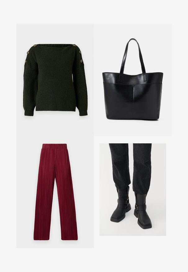 Tmavohnedý pletený sveter s off-the-shoulder výstrihom a dlhými rukávmi, zdobený dekoratívnymi gombíkmi na pleciach.; Bordové plisované nohavice s voľným strihom a elastickým pásom. Textúrovaná tkanina má vertikálne pruhy. Rovno strihané na okrajoch.; Čierne kožené členkové topánky so štvorcovou špičkou, s širokým remienkom a kovovou sponou. Topánky majú hrubú podrážku a hladký povrch.; Čierna kožená tote taška s dvoma dlhými rúčkami, hladkým povrchom a štruktúrovaným tvarom. Obsahuje prednú kapsu pre dodatočné uskladnenie.
