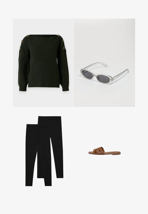 Sötétzöld kötött pulóver, vállra húzott nyakkivágással és hosszú ujjal, díszítő gombokkal a vállon.; Fekete leggings rugalmas anyagból, varrat nélküli derékkal és karcsú szabással, alkalmas hétköznapi viseletre vagy edzésre.; Barna bőr csúszó szandál keresztezett pántokkal, lapos talppal és sima textúrával. Egyszerű design díszítések vagy minták nélkül.; Ovális formájú napszemüveg, átlátszó műanyag keret, sötétszürke lencsék és vékony, átlátszó szárak, logóakkcentussal és minimális díszítéssel.