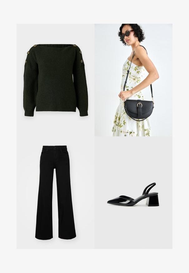 Pull en tricot vert foncé avec un décolleté décolleté et des manches longues, orné de boutons décoratifs sur les épaules.; Pantalons large en denim noir, dotés d'une taille structurée, de passants de ceinture et de poches avant. Texture lisse avec un design classique.; Escarpins en cuir verni noir avec bout pointu et talon bloc géométrique. Présente un design élégant et minimaliste ainsi qu'une texture lisse.; Sac à main en cuir noir avec une forme courbée, bandoulière amovible et des accessoires en or. Le sac est doté d'un rabat avec un détail de boucle.