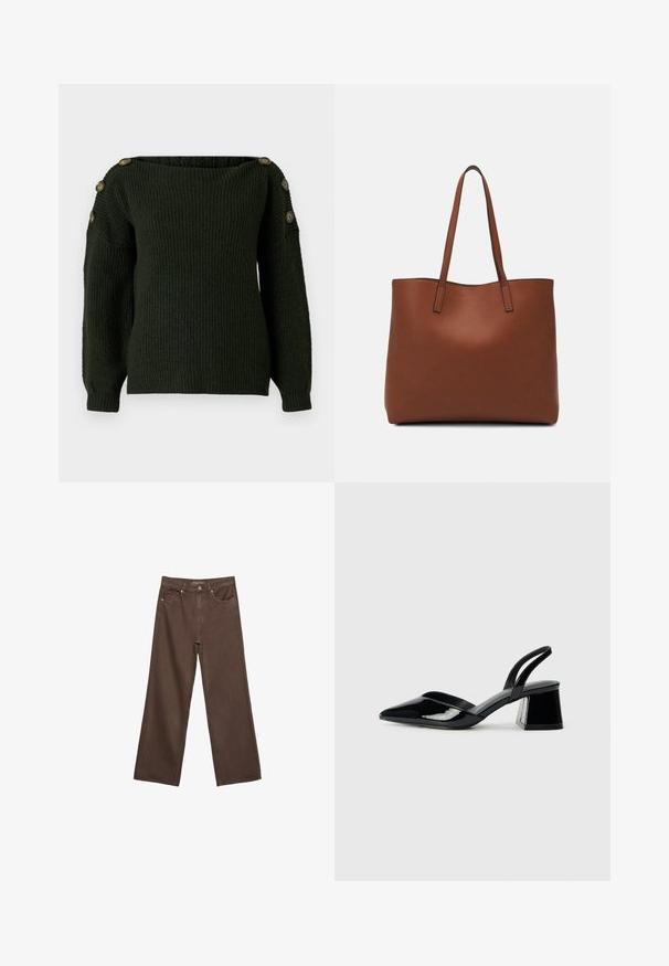 Dunkelgrüner gestrickter Pullover mit einem schulterfreien Ausschnitt und langen Ärmeln, versehen mit dekorativen Knöpfen an den Schultern.; Weite braune Jeans aus Denim, mit hoher Taille, Fronttaschen und klassischem Knopfverschluss. Glatte Textur mit feinen Nähten.; Schwarze Lackleder-Slingback-High Heels mit spitzem Schuh und einem geometrischen Blockabsatz. Verfügt über ein schlankes, minimalistisches Design und eine glatte Textur.; Braune Leder-Tote mit glatter Textur, offenem Oberteil und zwei Schulterriemen. Verfügt über minimale Nähte und keine sichtbaren Beschläge.
