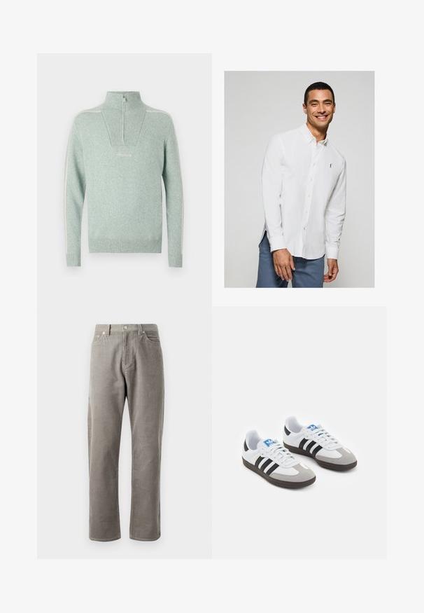 Hellgrüner Strickpullover mit hohen Kragen, halbem Reißverschluss, Rippstruktur und weißen Seitenstreifen. Mit Logo-Stickerei auf der Vorderseite.; Weißes Langarm-Hemd mit Knopfleiste und kleinem Logo auf der Brust, kombiniert mit hellblauen Hosen. Glattes Material mit klassischem Kragen.; Grau karierte Hose mit geradem Schnitt, einem hohen Bund, frontalen Taschen und subtiler vertikaler Rippstruktur.; Sportschuhe mit einem Obermaterial aus weißem Leder, grauer Wildleder-Zehenkappe und drei schwarzen Streifen. Sie verfügen über ein blaues Logo auf der Zunge und eine strukturierte Gummisohle.