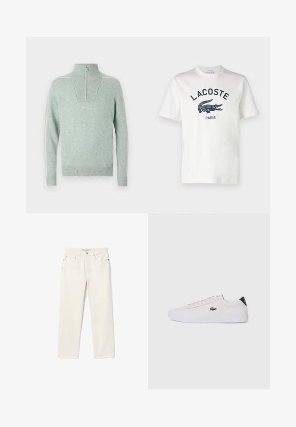 Light green knit pullover with a high collar, half-zip closure, ribbed texture, and white side stripes. Features logo embroidery on the front.; White cotton t-shirt with short sleeves, featuring a navy Lacoste logo and crocodile graphic centered on the chest. Soft texture.; Cream-colored denim jeans with a straight-leg cut, featuring two front pockets, a button closure, and subtle branding near the waistband.; White leather sneaker with round toe, lace-up front, and black heel accent. Features a small embroidered crocodile logo on the side.