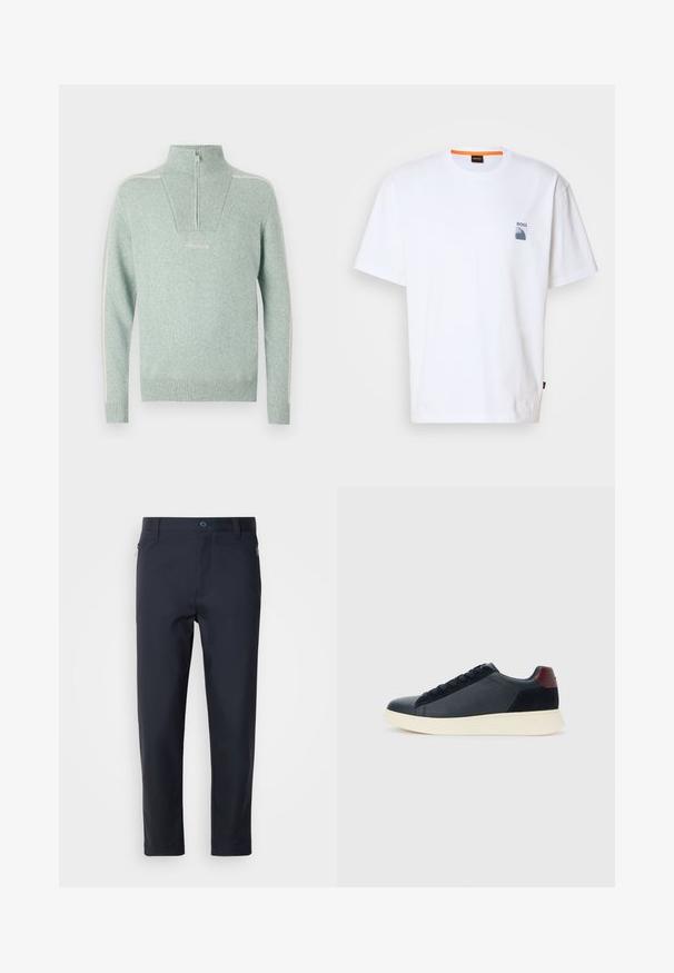 Gaiši zaļš adīts puloveris ar augstu apkakli, puscērtām, ribotu tekstūru un baltām sānu svītrām. Priekšpusē ir logotipa izšuvums.; Balta kokvilnas T-krekls ar mazu zilu logotipu un grafiku kreisajā krūtī; brīvi pieguļošs ar klasisku apaļu izgriezumu.; Navy zila piegrieztu bikses no gludas auduma, ar rāvējo jāšanu kabatu, taisnām kājām un pogu aizdari jostasvietā.; Zemāko vīriešu sporta apavu modelis melnā ādas un zamša apdarē ar bordo krāsas papēža cilpu un baltu gumijas zoli, skatoties no ārējās puses.