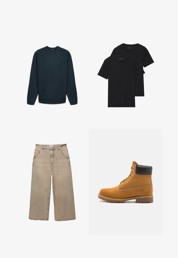 Maglione crewneck in teal scuro con maniche lunghe, polsini, colletto e orlo a costine, posato su uno sfondo bianco.; Due magliette nere di cotone a maniche corte, con scollatura rotonda e una texture liscia, esposte impilate insieme.; PULL&BEAR MEGA BAGGY - Jeans baggy - light grey; Stivale alla caviglia in suede tan con collare imbottito nero, occhielli in metallo dorato, dettagli in cucitura bianca e suola in gomma robusta con battistrada pronunciato.