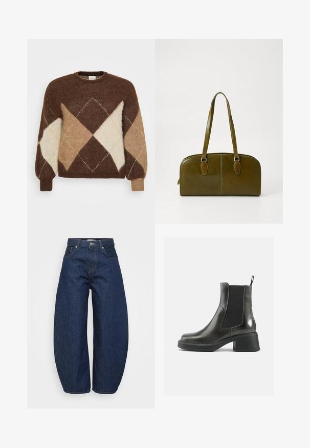 Hnědý mohair svetr s diamantovým vzorem v béžové, tělové a smetanové barvě. Kulatý výstřih a ribbové manžety, jemná textura.; Tmavě modré džínové kalhoty s širokým, volným střihem. Mají zipový rozparek, čtyři kapsy a kontrastní prošití podél švů.; Černé kožené kotníkové boty s hladkým povrchem, elastickými bočními panely a masivním podpatkem. Obsahují poutko pro snadnější nazouvání.; Oliveově zelená kožená kabelka zaobleného tvaru, se dvěma uchy a bezšvým předním dílem. Disponuje hladkým povrchem a jemnými švy.; Stříbrné kovové náušnice s vlnitým, sochařským designem s leštěným povrchem a nepravidelnými tvary, které zdůrazňují moderní estetiku.