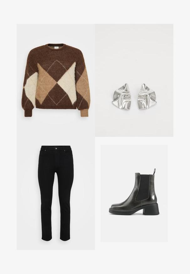 Rjav mohair pulover z diamantnim vzorcem v bež, svetlo rjavi in krem barvi. Okroglo izrezan ovratnik in rebrasti manšeti, mehak na otip.; Črne kavbojke iz denima s oprijetim krojem, petimi žepi, sprednjo zaponko in rahlo raztegljivim materialom za udobje. Ravna, gladka tekstura z minimalnimi detajli.; Črne usnjene gležnjarje z gladko površino, elastičnimi stranskimi paneli in masivnim petami. Imajo praktično zanko za lažje obuvanje.; Srebrni kovinski uhani z valovitim, skulpturalnim dizajnom, ki se ponašajo s poliranim zaključkom in nerednimi oblikami, kar poudarja sodobno estetiko.