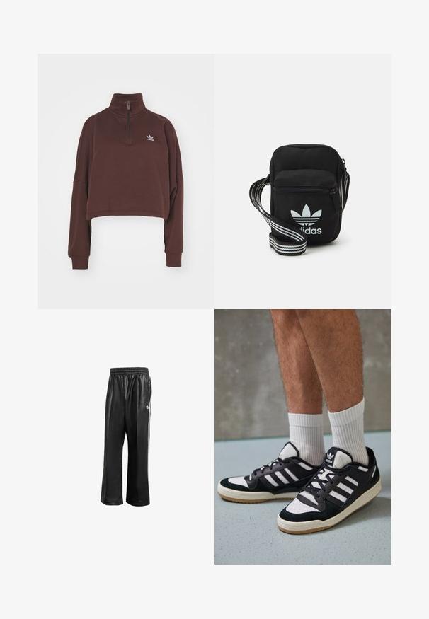Sweatshirt castanho, cropped, com colisão alta, fecho de meio-zip e mangas longas. Apresenta um pequeno logo bordado em roxo no peito.; Calças de treino sintéticas pretas com um cós elástico, apresentando riscas laterais brancas e um pequeno logótipo branco no quadril esquerdo.; Ténis em preto e branco com upper em camurça e couro, apresentando três riscas brancas, um toe perfurado e uma sola em borracha de goma.; Sacolinha transversal de tecido preto com fecho de zíper, apresentando um logo da Adidas em branco e uma alça ajustável listrada para facilitar o transporte.