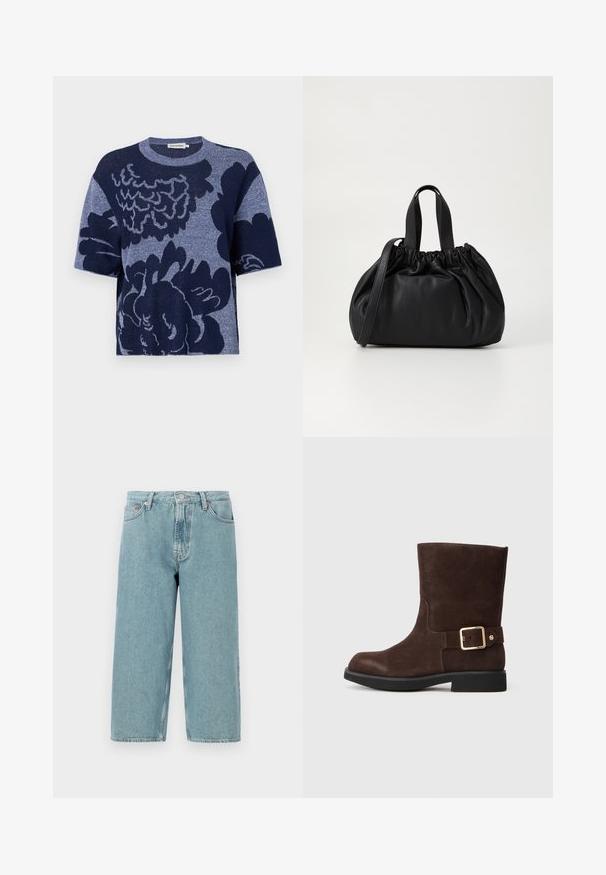 T-shirt boxy de malha em azul-marinho com padrão floral oversized, mangas curtas, gola redonda e textura suave.; Shorts de denim azul claro com cintura alta, corte reto e bainha desfiada. Apresenta um fecho clássico de botão e zipper, além de quatro bolsos.; Botim de tornozelo em suede castanho com ponta arredondada, sola preta plana e detalhe de fivela dourada na lateral. Textura suave e design simples.; Bolsa de couro preta com um design de topo franzido, apresentando duas alças curtas e uma alça longa ajustável. Textura suave, formato arredondado.