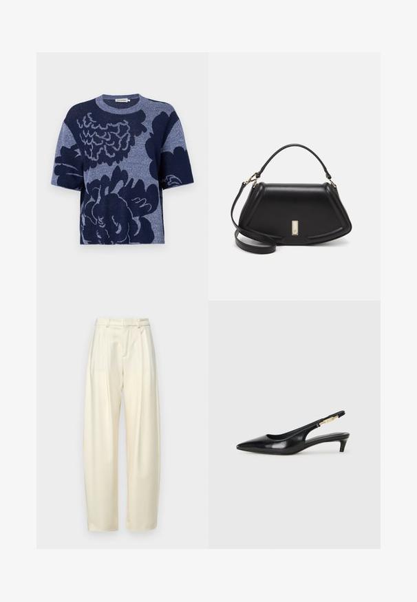 Stickad boxy t-shirt i marinblått med överdimensionerat blommönster, korta ärmar, rund halsringning och mjuk textur.; Plisserade, högmidjade byxor i ljus gräddfärgad tyg. Har en rak passform och en slät yta. Inga fickor eller synlig hårdvara.; Svart läder slingback-hälar med spetsig tå, med en smal klack och en guldtonad detalj på den justerbara remmen. Slät textur.; Svart läderhandväska med en strukturerad design, som har en avskuren form, ett handtag upptill och guldiga detaljer. Justerbar axelrem ingår.