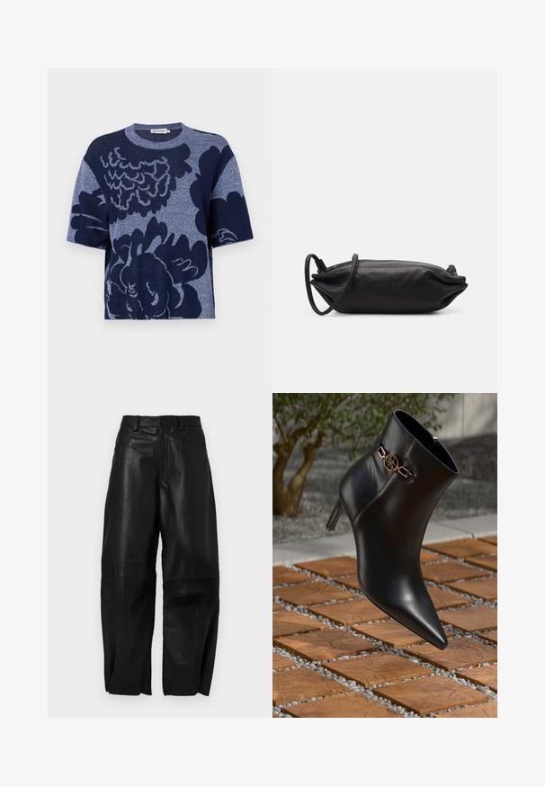 Pleteni boxy majica v mornarsko modri barvi z velikim cvetličnim vzorcem, kratkimi rokavi, okroglim izrezom in mehko teksturo.; Črne usnjene hlače ohlapnega kroja, z ravnimi nogami, sprednjimi žepi in vidnimi šivi.; Črne usnjene gležnjarje s koničastim nosom in majhno peto. Opremljene so z zlatim verižnim okrasom okoli gležnja. Obkrožene so z teksturirano kamnito površino.; Črna usnjena torbica v obliki pravokotnika, gladke teksture, s tankim naramnicom in minimalističnim dizajnom.