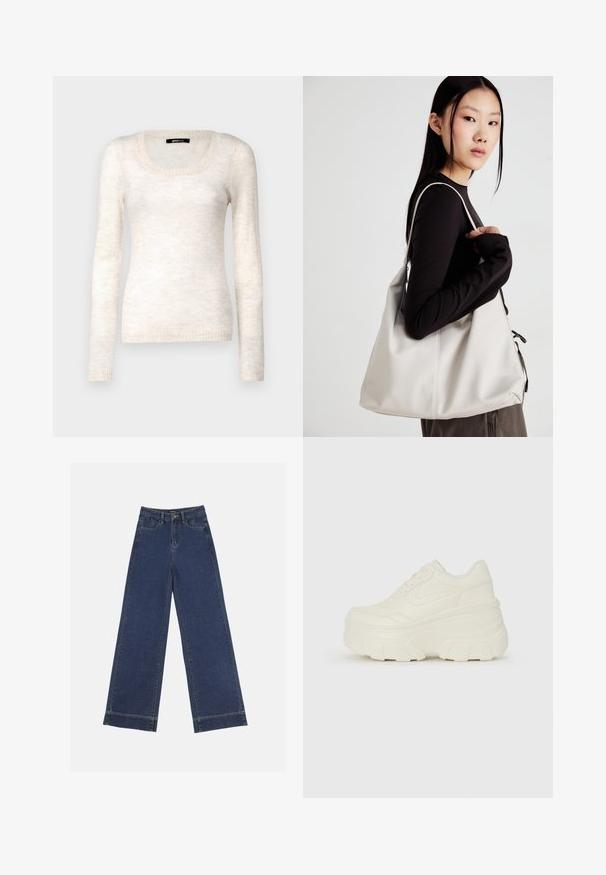 Pilkai smėlinės spalvos ilgos rankovės megztinis su apvalia kaklo iškirpte. Minkšta, tekstūrinė medžiaga ir raukšlės rankogaliuose, su subtiliu gradientiniu raštu.; Plati džinsai tamsiai mėlynos denimo. Yra penki kišenės, diržo kilpos ir apatinė briauna su matomais siuvimo detalėmis.; Baltos platformos sportbačiai su lygiu odos primenančiu paviršiumi, apvalia forma, paminkštintu apykakle ir tekstūruotu guminiu padu su ryškiais protektoriais.; Bežinė rankinė, pagaminta iš minkštos medžiagos, turinti laisvą dizainą, siuvinėtas detalės ir dvi petnešos. Tinkama kasdieniam naudojimui.