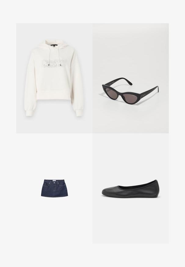 Felpa corta bianca con cappuccio, cordini e una grafica testuale luccicante sul davanti. Tessuto morbido e polsini a costine.; Gonna mini in denim blu scuro con vita aderente, tasche frontali e chiusura con bottone metallico. Texture liscia e taglio classico.; Pantofole da balletto nere in pelle con punta arrotondata, texture liscia, dettagli di cucitura minimi e design con suola flessibile.; Occhiali da sole a forma di occhio di gatto con montatura nera opaca e lenti scure, con il marchio "vogue" sul lato e una forma angolare distintiva.; Borsa tote in pelle nera con finitura texture, ampia tracolla con dettaglio fibbia e logo quadrato sul davanti. Due manici superiori.