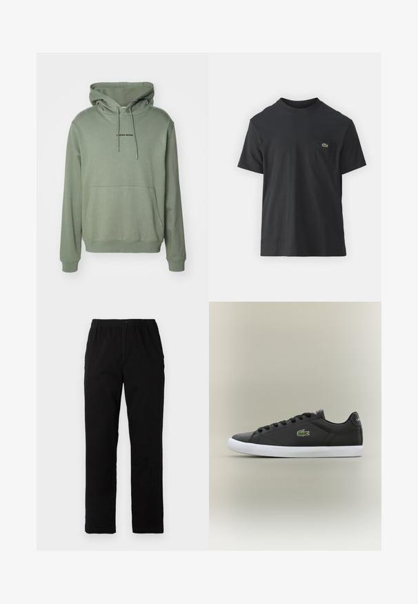 Björn Borg CLASSIC HOODIE - Hoodie - agave green; Svart bomull t-skjorte med korte ermer, rund hals og en liten grønn logo på venstre brystlomme. Enkelt design, normal passform.; Sorte bukser laget av bomullsblandet stoff, med rett snitt, elastisk midjebånd med knapp, og uten synlige mønstre eller detaljer.; Svarte lær sneakers med hvit gummisåle, med grønt krokodillelogo og runde snører, elegant design med glatt tekstur.