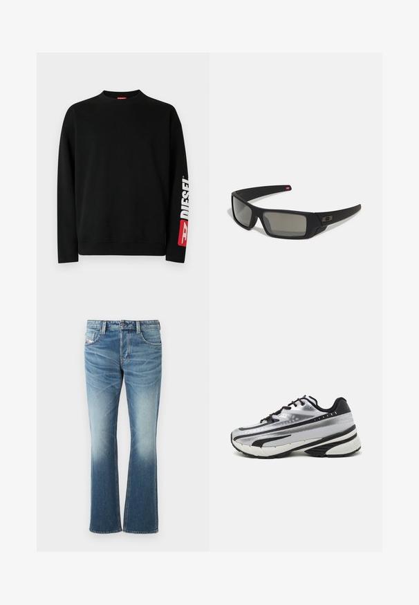 Čierna mikina s dlhým rukávom, okrúhlym výstrihom, rebrovanými manžetami a lemom, s bielym a červeným nápisom Diesel na pravom rukáve.; Modré denimové džínsy s rozšíreným strihom, s bledým umytím, piatimi vreckami a kontrastným prešívaním. Zapínanie na gombík v páse.; Bežecká obuv so striebornou sieťovinou, čiernymi akcentmi a bielou podrážkou. Má zaujímavý textúrovaný dizajn a čierne šnúrky. Ľahká a s odpružením.; Čierne slnečné okuliare s matným povrchom, obdĺžnikové šošovky, mierna krivka na straničkách, nenápadný detail loga a šošovky so zafírovaným tónovaním.