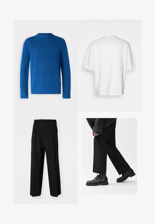Blå ulltröja med rund halsringning, ribbade ärmslut och nederkant. Mjuk textur, medelvikts och en enkel design.; Vit kortärmad t-shirt, lös passform, rund halsringning, mjukt bomullstyg, enkel baksida, rak nederkant, utan mönster eller detaljer.; Svarta plisserade byxor med en rak, bred bendesign. Tillverkade av ett slätt tyg, med knäppning fram och bälteshällor.; Svarta läderskor med rund tå, snörningsdesign och tjock, strukturerad sula. Bärs med skräddarsydda svarta byxor och en ribbad tröja.