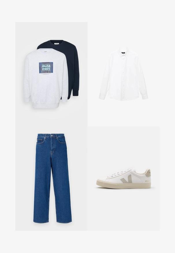 Due felpe girocollo: una di colore grigio chiaro con una stampa grafica e l'altra di colore blu navy. Entrambe sono realizzate in un tessuto morbido con polsini a coste.; Camicia bianca a maniche lunghe con colletto a bottoni, bottoni frontali, orlo dritto e tessuto di cotone morbido. Design minimalista senza motivi.; Jeans blu a gamba larga in denim, con vita alta, design a cinque tasche e cuciture a contrasto lungo le cuciture e le tasche.; Sneaker bianco in pelle con accenti beige, suola piatta in gomma, punta rotonda e logo a contrasto ai lati e sul retro. Design con lacci.